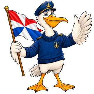 Kaan de pelikaan, kapitein van Schip Ahoy, verwelkomt je aan boord